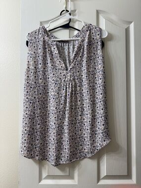 LOFT Cream Sleeveless V-Neck Camisole with Blue Floral Print